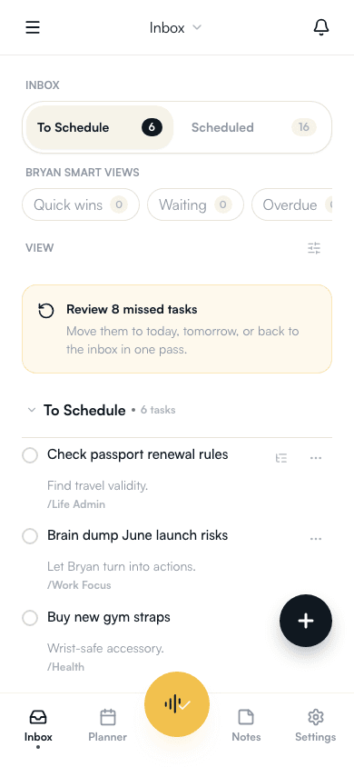 HeyBryan mobile inbox showing upcoming tasks for today.