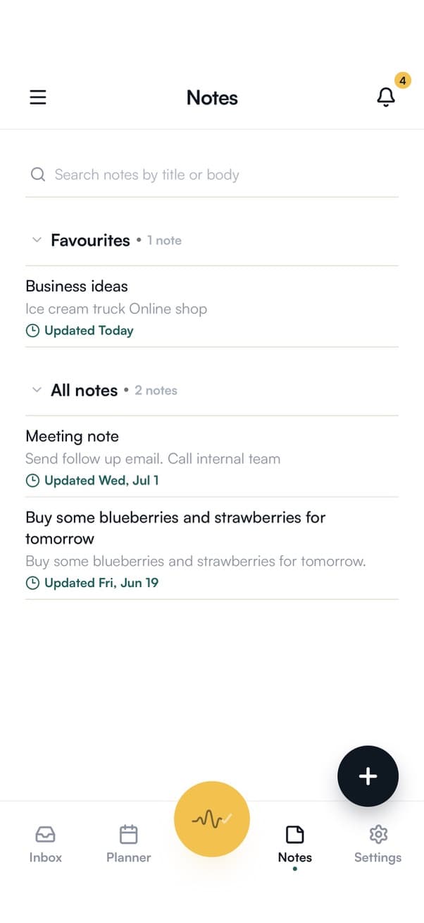 HeyBryan notes screen showing saved context and favourites.