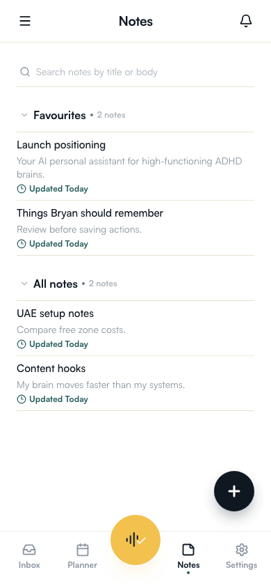 HeyBryan notes view showing favourite notes and all notes.