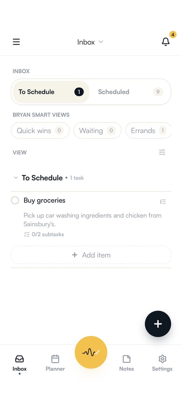 HeyBryan mobile inbox showing scheduled tasks and smart views.