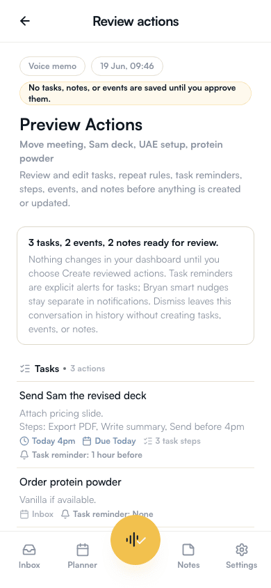 HeyBryan mobile review screen showing tasks, an event, and a note ready for review.