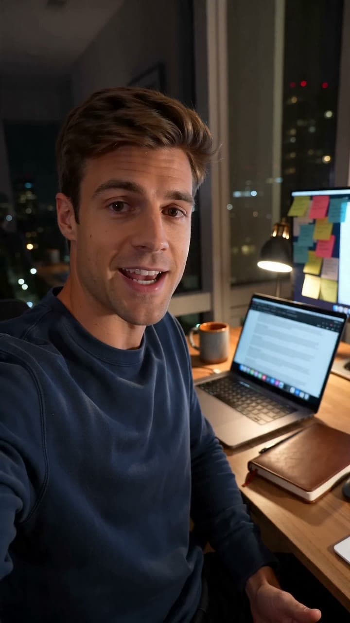 UGC male creator at his desk, brain-dumping too many ideas into Bryan.