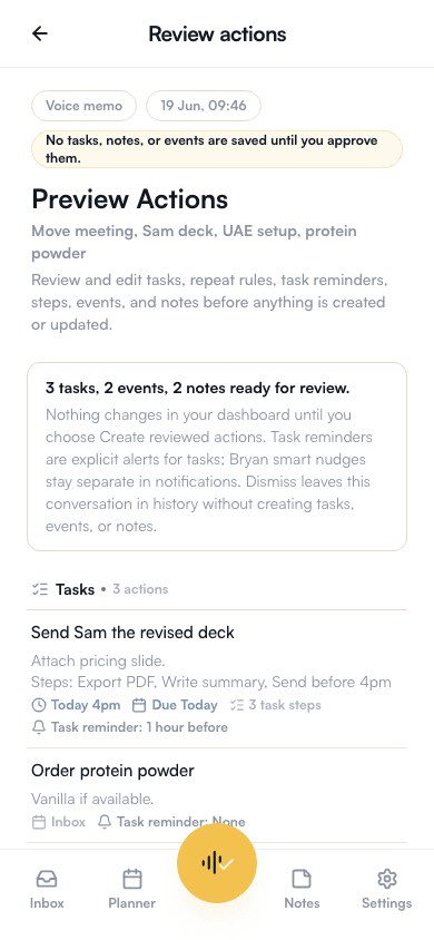 HeyBryan reviewing AI-extracted tasks, events, and notes from a voice capture.