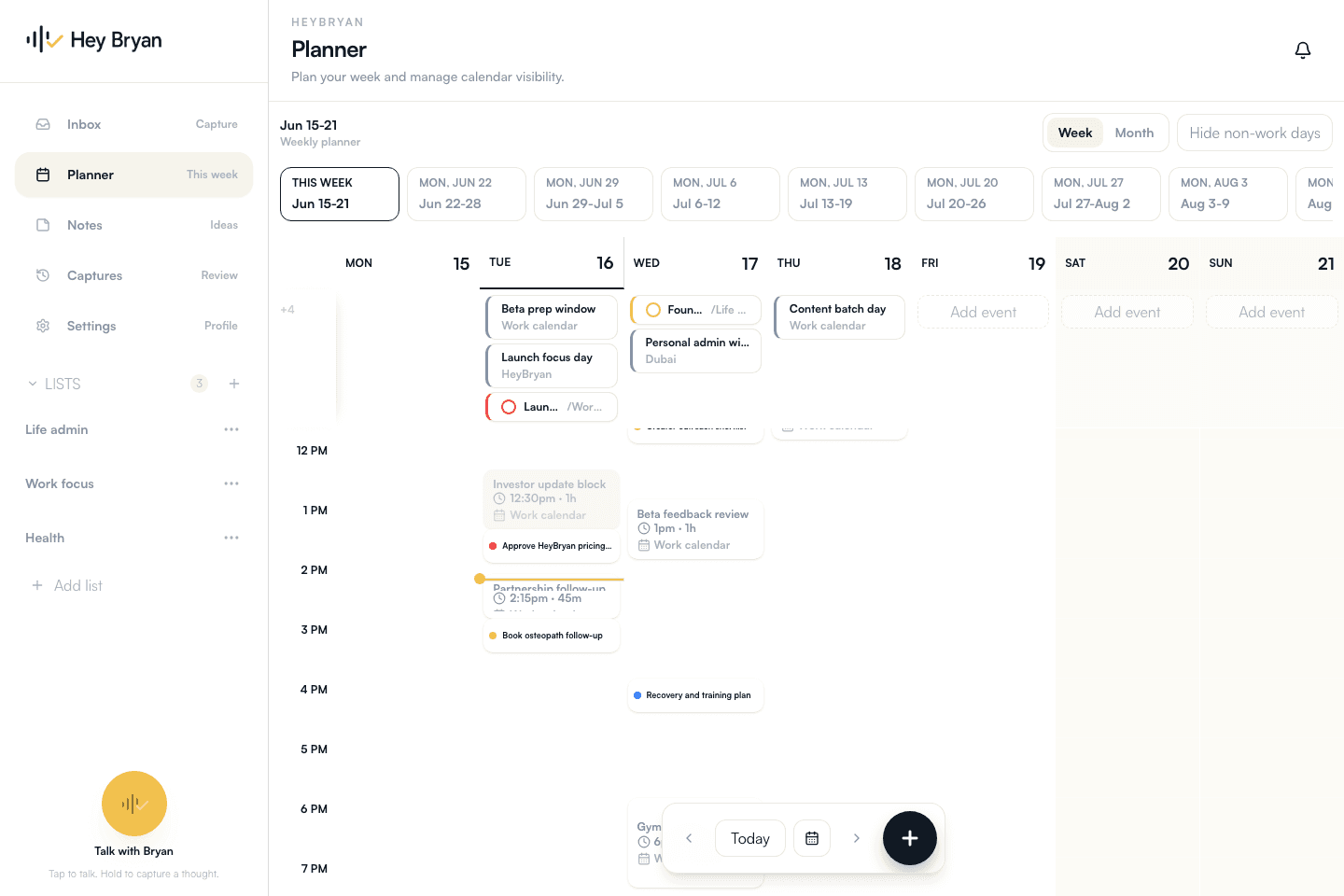 HeyBryan weekly planner showing tasks and events arranged across the week.